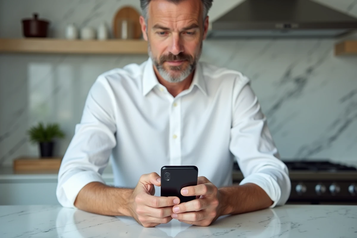 Homme consultant les paramètres de blocage d'appel sur son téléphone pour filtrer le numéro commençant par 212