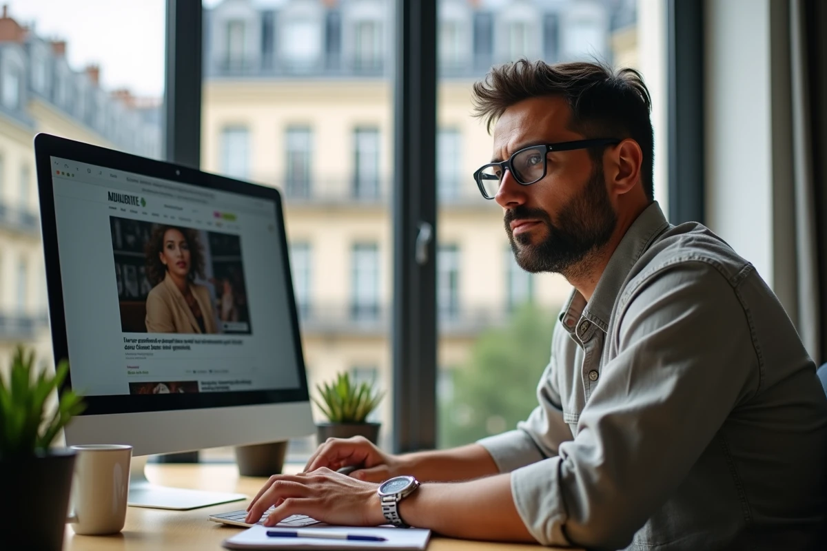 Homme français lisant l'actualité people sur un écran d'ordinateur dans son bureau à domicile
