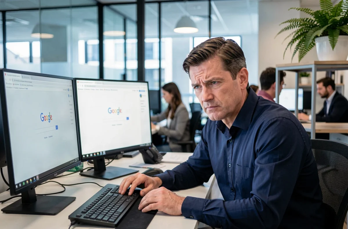 Homme en bureau consultant la page d'accueil Google sur deux moniteurs sans doodle de la journée de la Terre visible