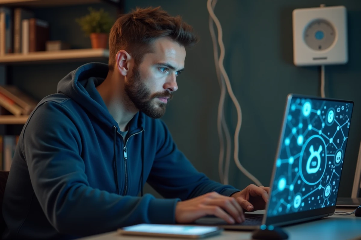 Homme concentré devant un écran montrant un réseau d'objets connectés dans un bureau à domicile, illustrant les enjeux de sécurité des données IoT