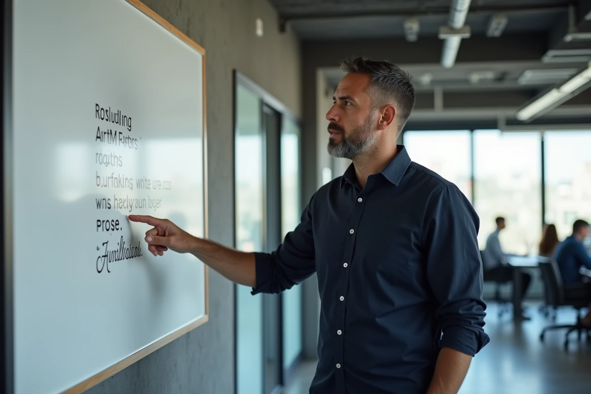 Homme en bureau moderne présentant une citation affichée sur un mur, illustrant l'importance des références dans la communication professionnelle