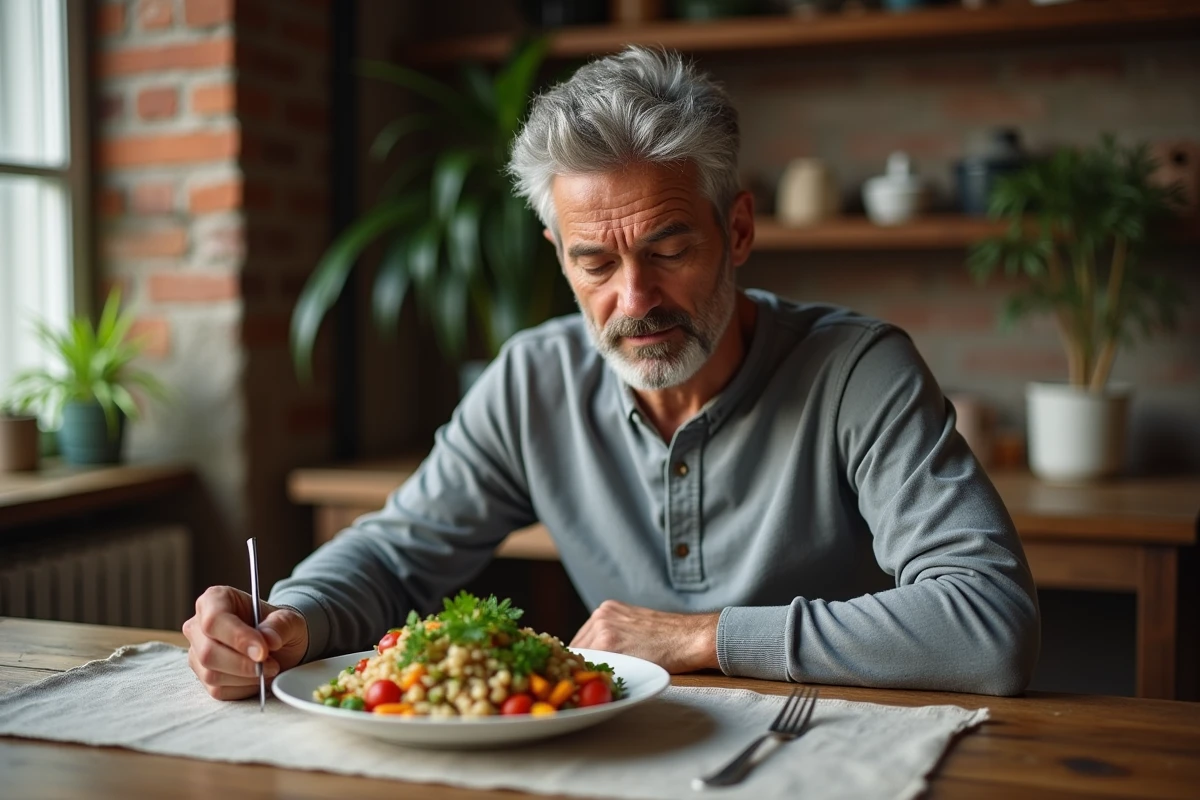 Homme en pleine conscience alimentaire devant un repas équilibré dans une salle à manger chaleureuse