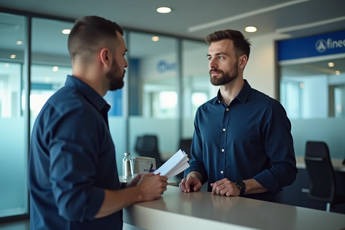Homme discutant avec un conseiller bancaire au guichet d'une agence pour comprendre son solde moyen