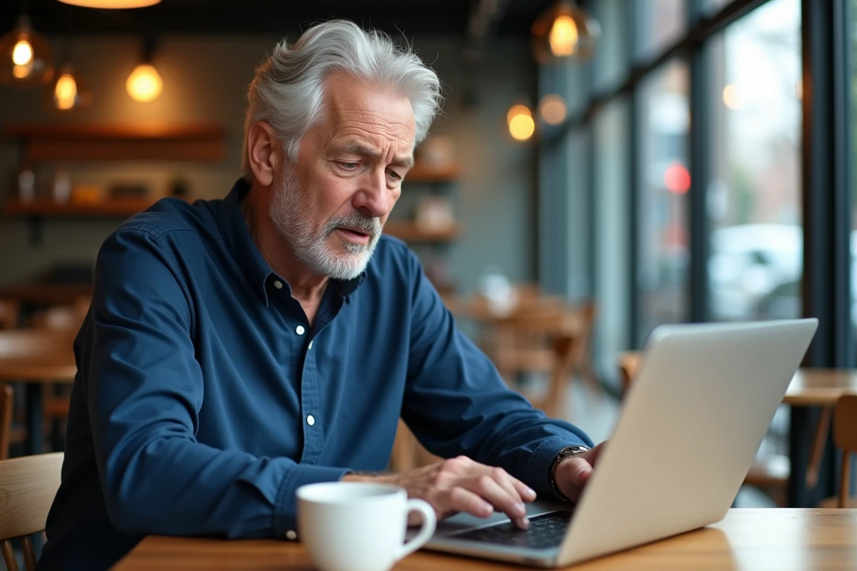 Homme consultant des preuves et comparatifs d'avis en ligne sur un ordinateur portable dans un café