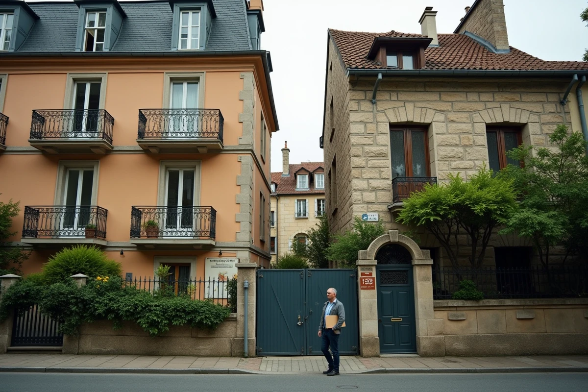 Homme comparant deux propriétés, un appartement urbain et une maison rurale, symbolisant le débat sur la double résidence principale en France