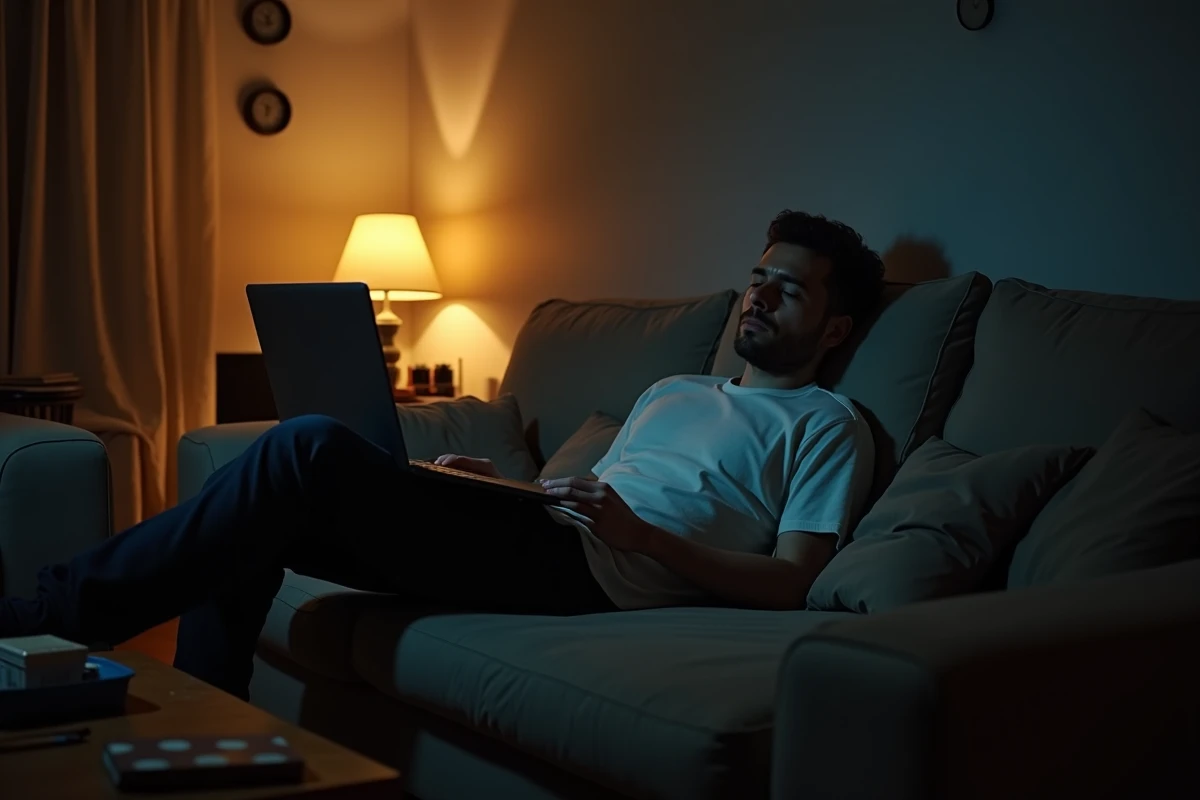 Homme épuisé tard la nuit devant son ordinateur portable symbolisant le manque d'organisation et la perte de temps personnel