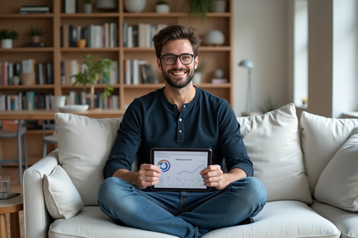 Jeune homme consultant ses revenus de freelance sur une tablette dans un appartement moderne pour gagner 500 euros par mois