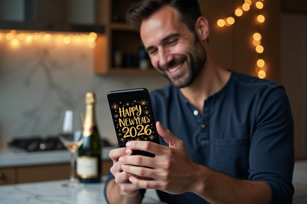 Homme prévisualisant une image Bonne Année 2026 personnalisée avec un prénom sur smartphone