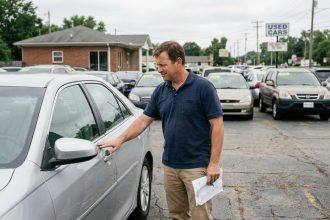 Homme examinant une voiture familiale d'occasion dans un parking de concessionnaire automobile