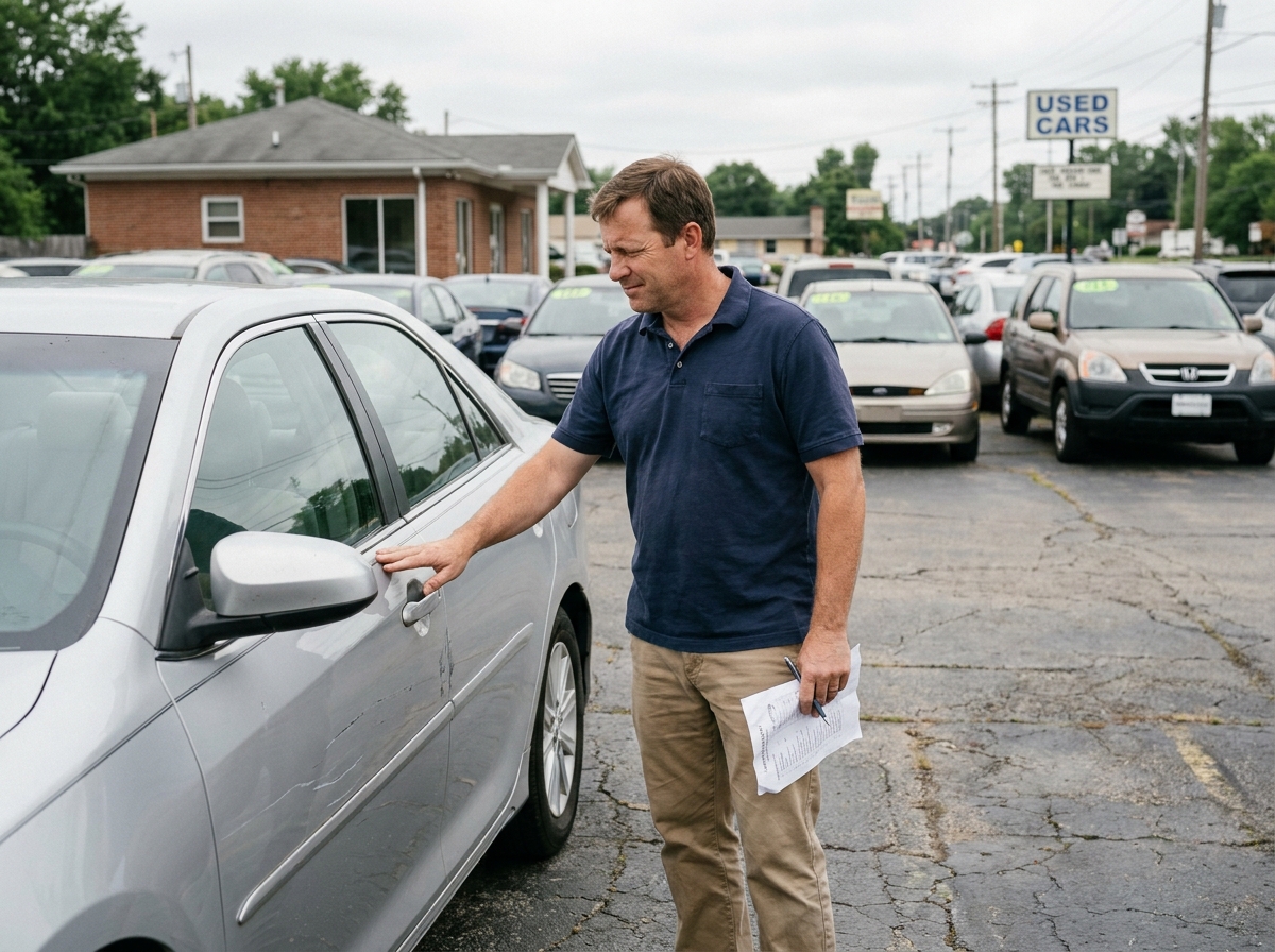 Homme examinant une voiture familiale d'occasion dans un parking de concessionnaire automobile