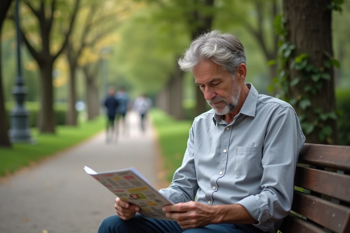 Homme d'une cinquantaine d'années lisant une brochure sur les conditions d'âge requises pour adopter un enfant dans un parc