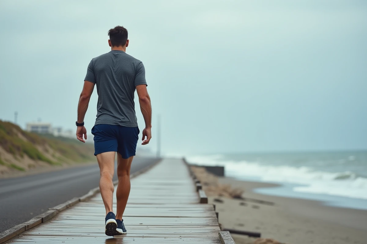Homme marchant sur un boardwalk en bord de mer pour sculpter son corps et favoriser la perte de poids