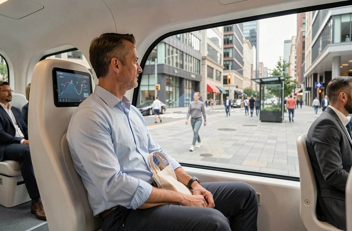 Homme consultant un écran de navigation dans une navette autonome électrique moderne traversant un quartier urbain contemporain