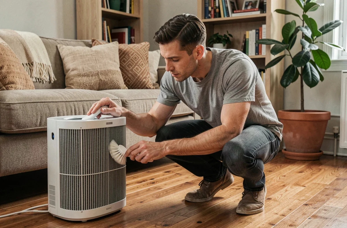 Homme nettoyant le filtre HEPA d'un purificateur d'air dans un salon pour préserver la qualité de l'air intérieur