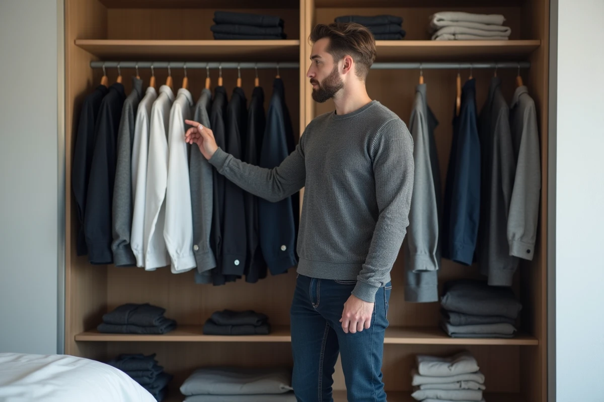 Homme en pull gris devant une penderie minimaliste et ordonnée ne contenant que des vêtements neutres essentiels