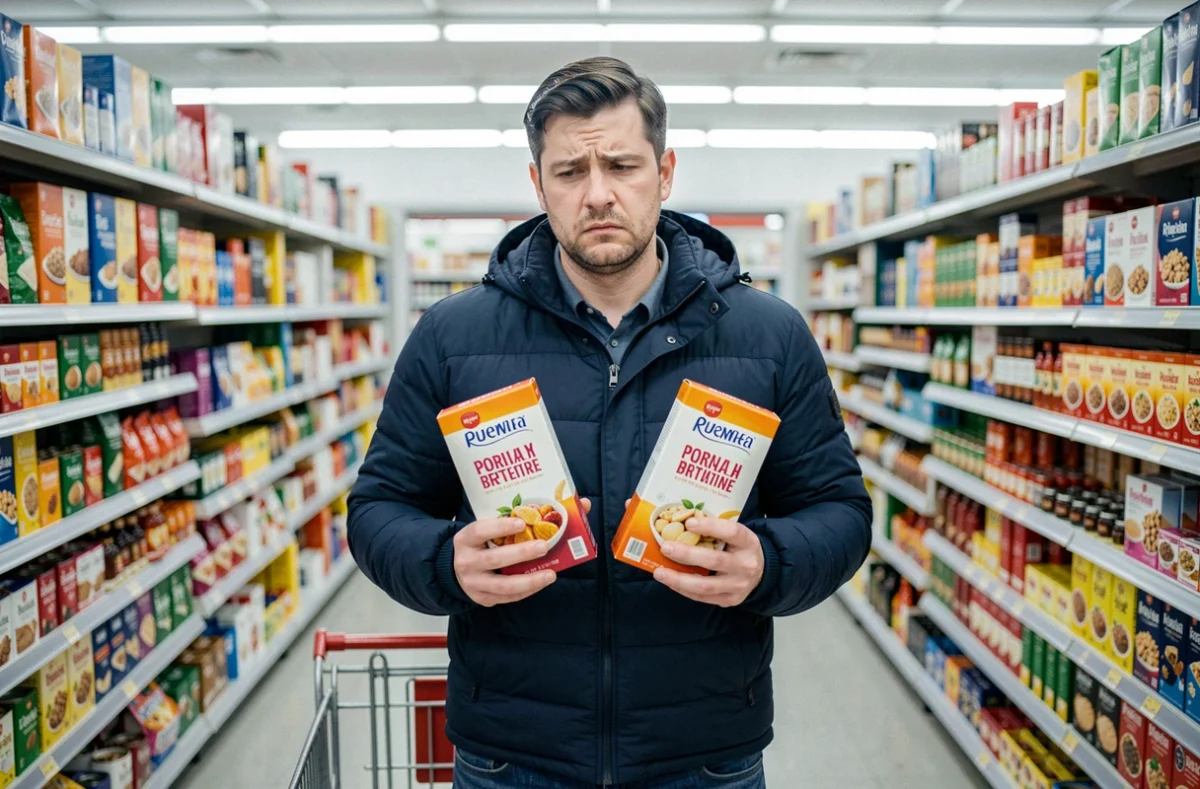 Homme perplexe dans un supermarché comparant deux produits similaires, scène humoristique de la vie quotidienne