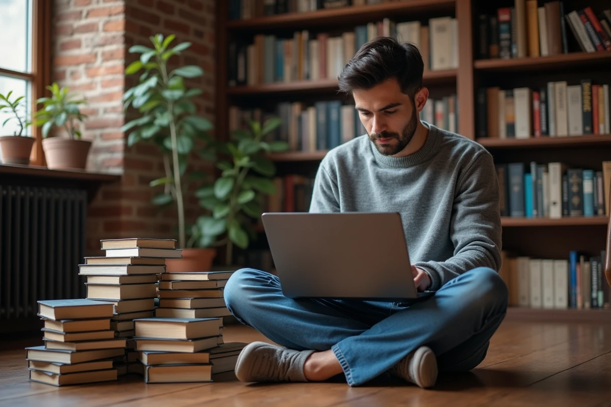 Homme recherchant un livre fiable sur l'histoire de France sur un ordinateur portable entouré de livres
