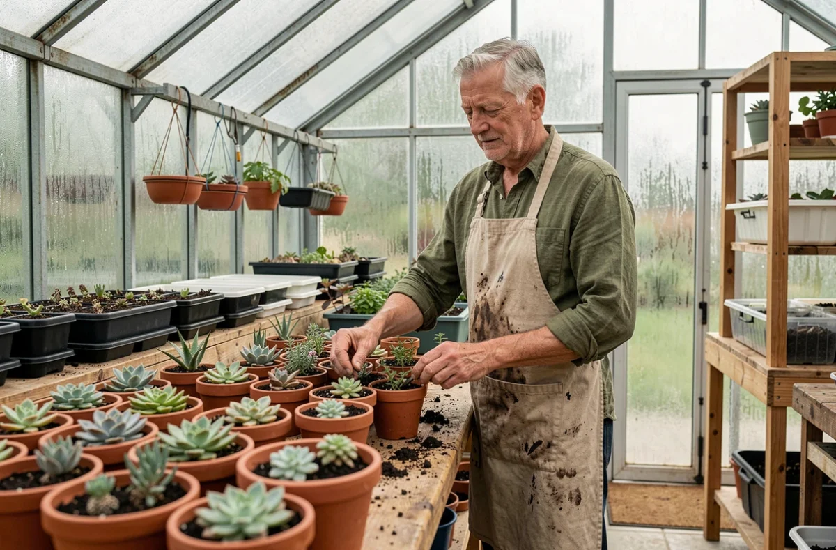 Homme âgé qui rempote des plantes en serre, activité de jardinage thérapeutique favorisant le bien-être physique et mental