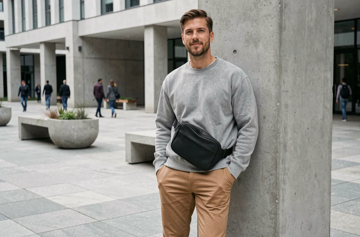 Homme en sweatshirt gris portant un sac banane en cuir noir autour de la taille dans une place urbaine moderne