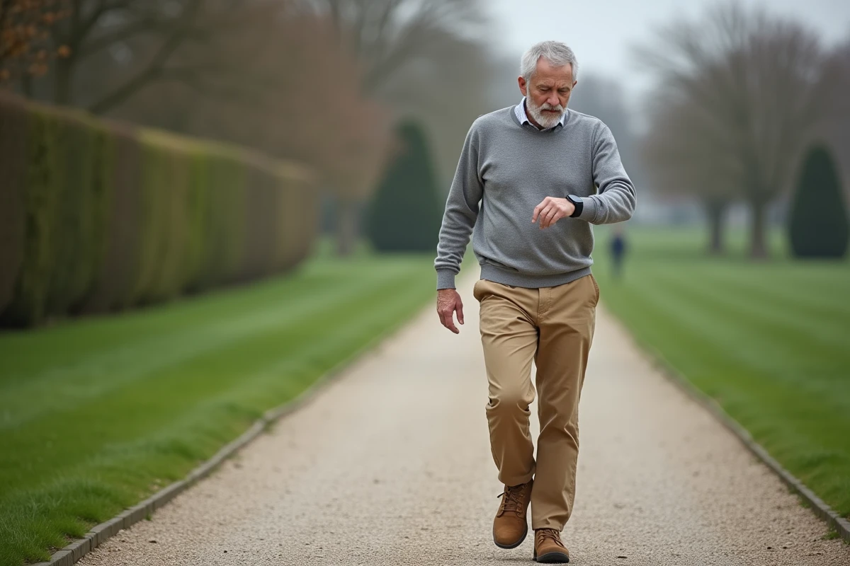 Homme senior consultant sa montre connectée pendant une marche en parc, mesurant la distance parcourue en 6 minutes