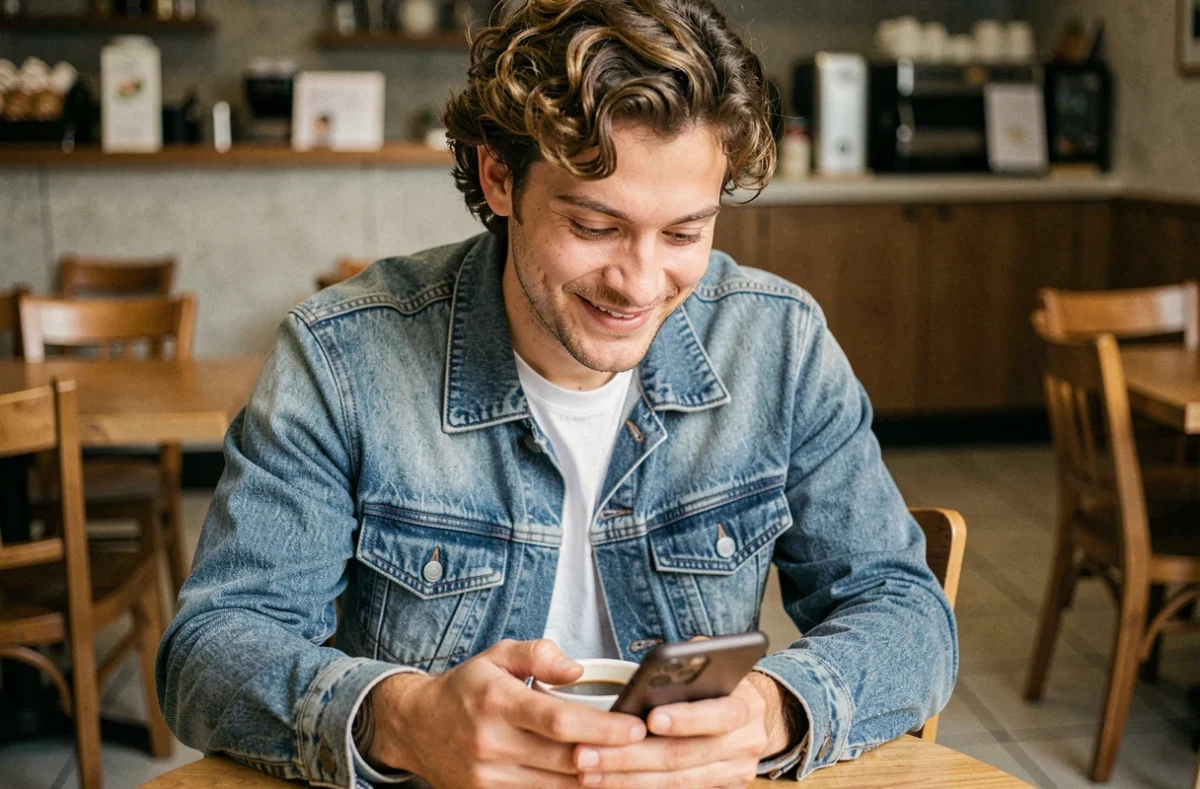 Jeune homme souriant à son téléphone dans un café en lisant un message affectueux de sa partenaire