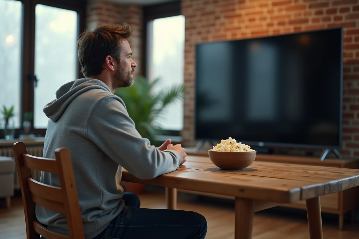 Homme regardant un long-métrage sur grand écran dans son appartement en milieu d'après-midi avec un bol de popcorn