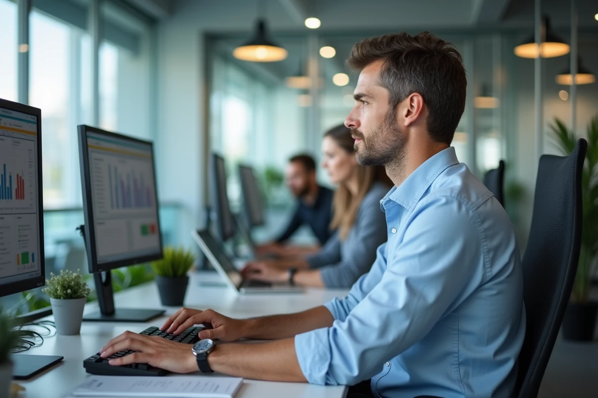 Homme travaillant dans un bureau en open space moderne avec collègues en arrière-plan