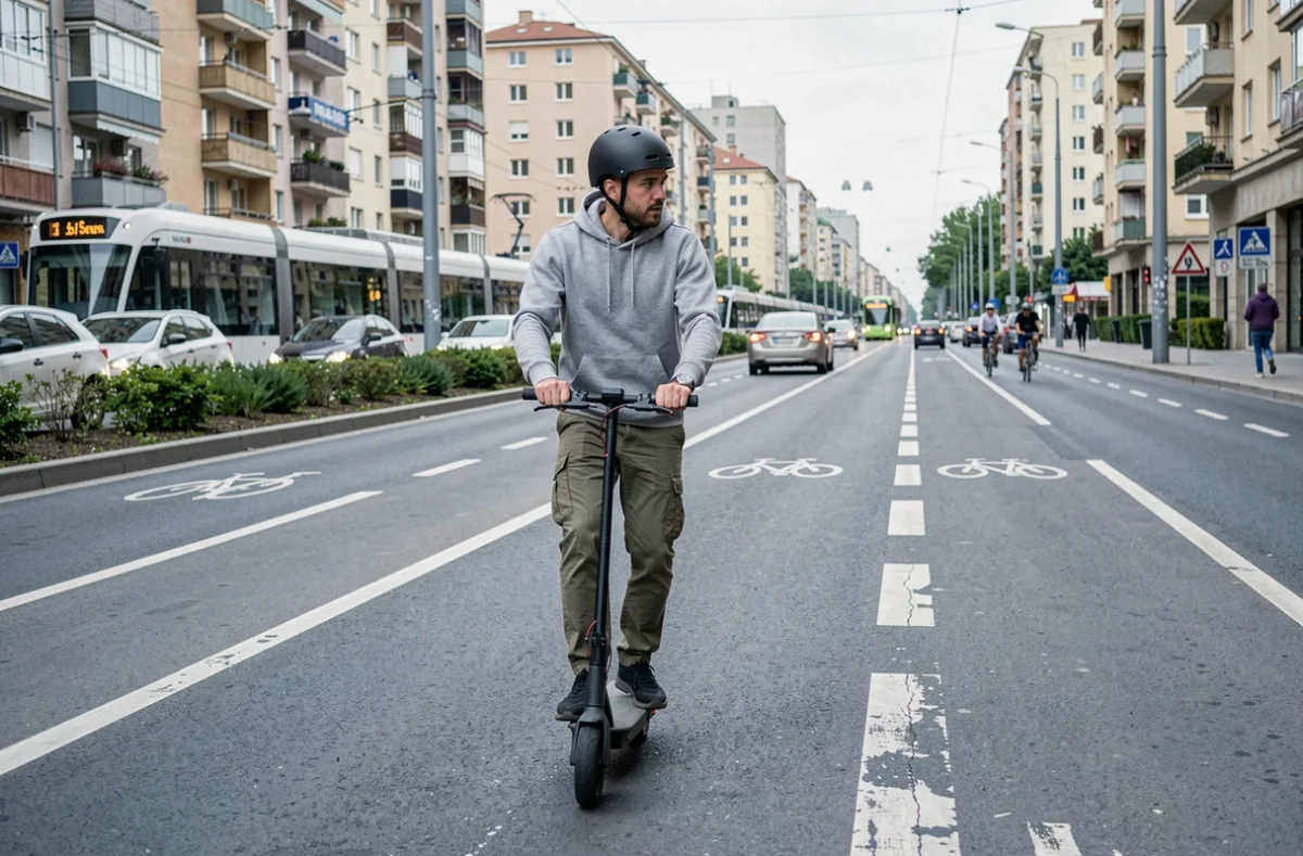 Homme en trottinette électrique sur une piste de mobilité urbaine multimodale avec tramways et cyclistes en arrière-plan