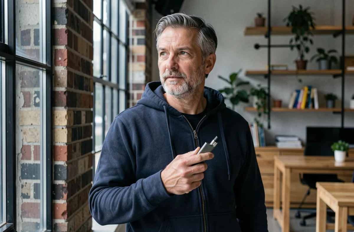 Homme adulte tenant un vaporisateur électronique compact dans un espace de coworking moderne