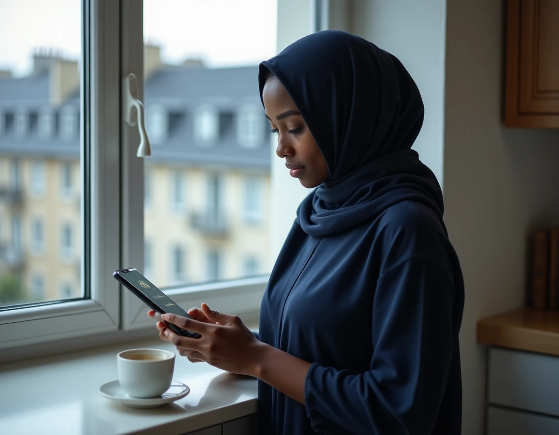 Femme consultant les horaires de prière sur smartphone depuis son appartement en banlieue parisienne