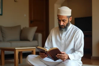 Homme lisant un horaire de prière islamique sur un tapis de prière dans un intérieur modeste à Argenteuil