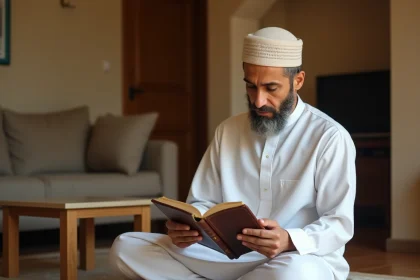 Homme lisant un horaire de prière islamique sur un tapis de prière dans un intérieur modeste à Argenteuil