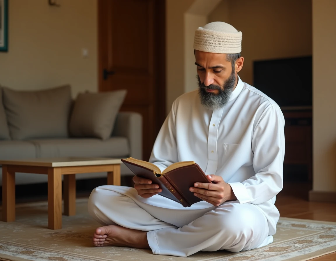 Homme lisant un horaire de prière islamique sur un tapis de prière dans un intérieur modeste à Argenteuil