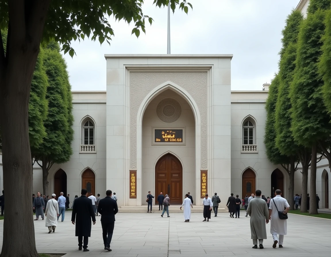 Mosquée dans un quartier d'Argenteuil avec tableau d'affichage des horaires de prière en français et arabe