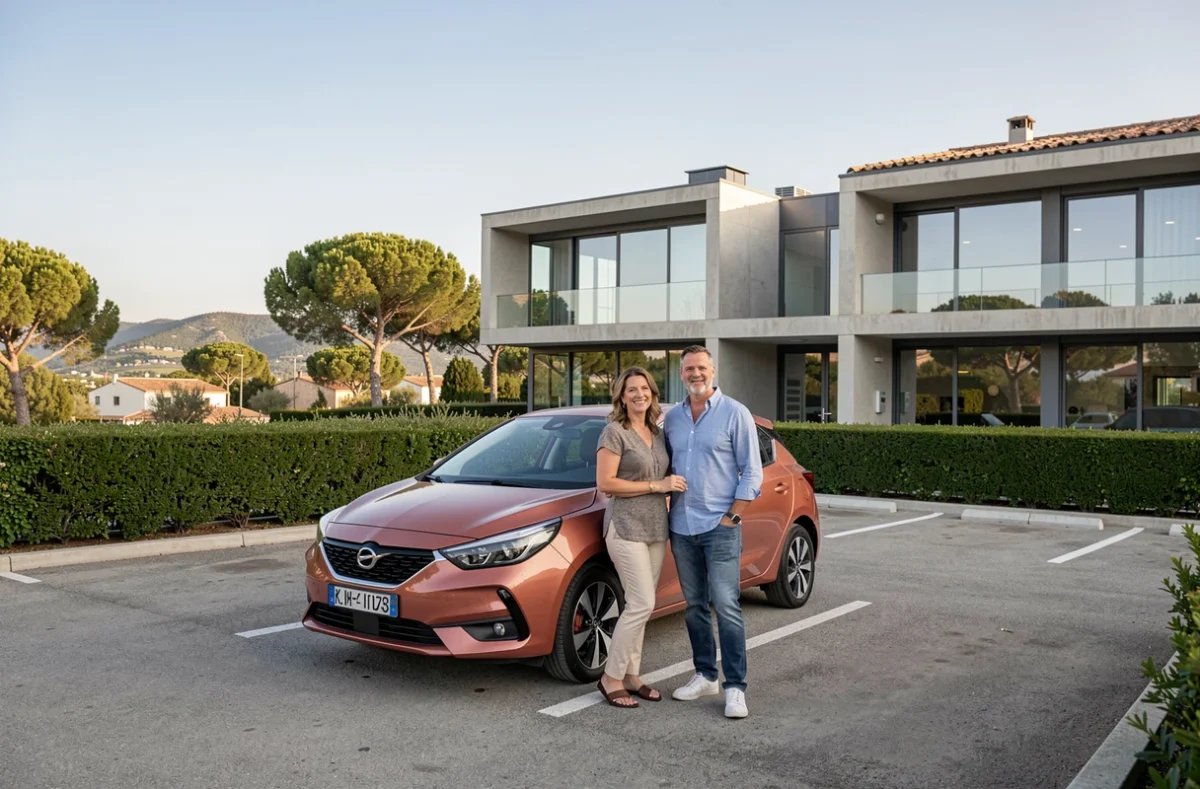 Couple arrivant dans un hôtel moderne en périphérie d'Aix-en-Provence avec voiture de location et cadre verdoyant