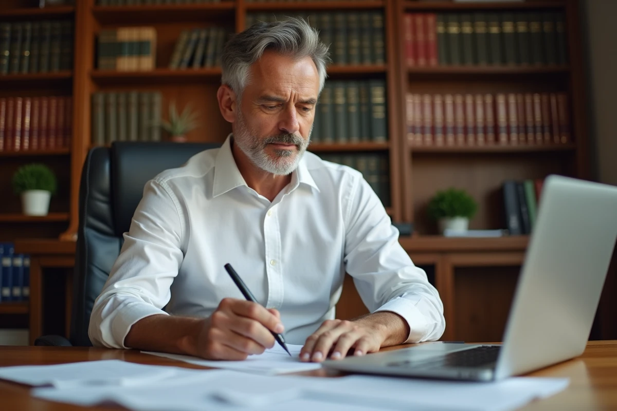 Homme en chemise blanche analysant des documents financiers relatifs aux frais de partage à son bureau