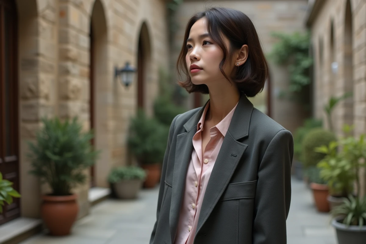 Jeune adulte androgyne en blazer anthracite et chemise en soie pastel dans une cour urbaine en pierre, regard pensif exprimant une nouvelle identité de genre
