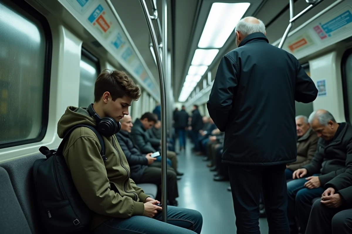 Jeune homme occupant deux sièges dans le métro bondé devant une personne âgée debout, illustrant l'impolitesse et le manque de respect dans les transports en commun