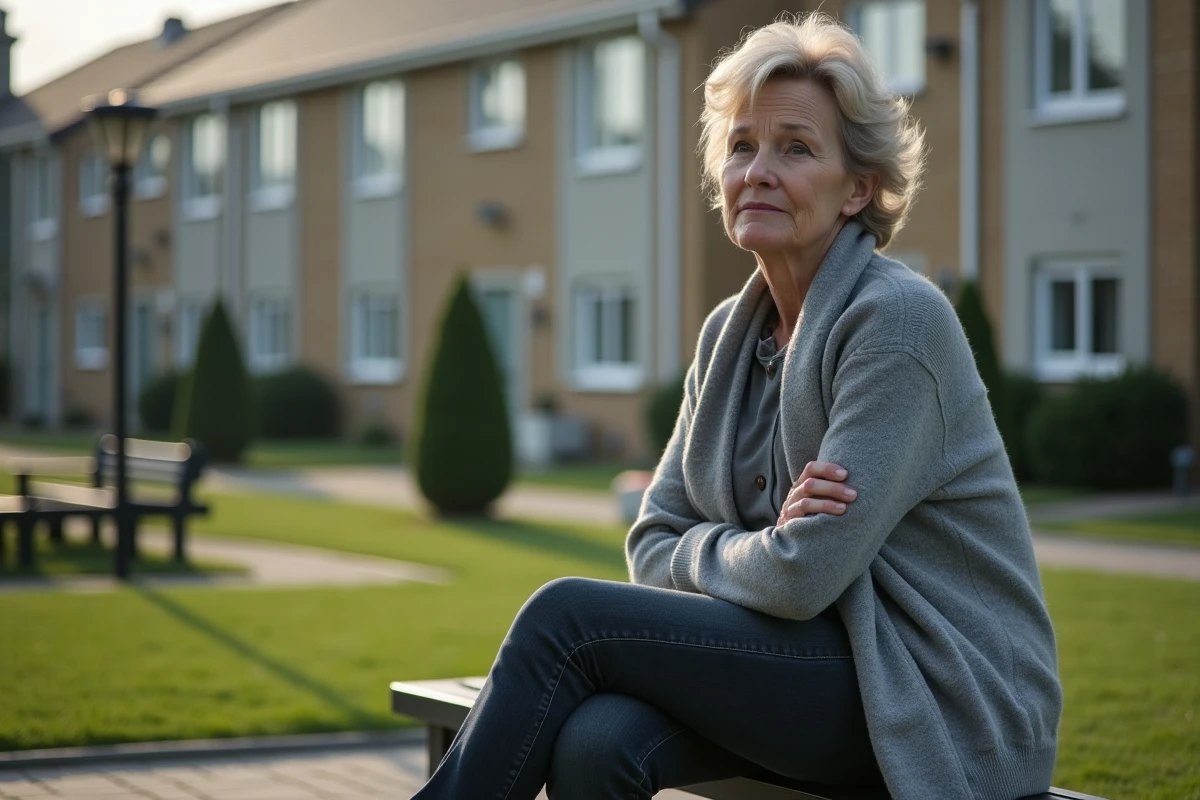 Femme assise seule sur un banc dans un parc de résidence fermée, évoquant l'isolement et le manque de lien social dans les communautés sécurisées