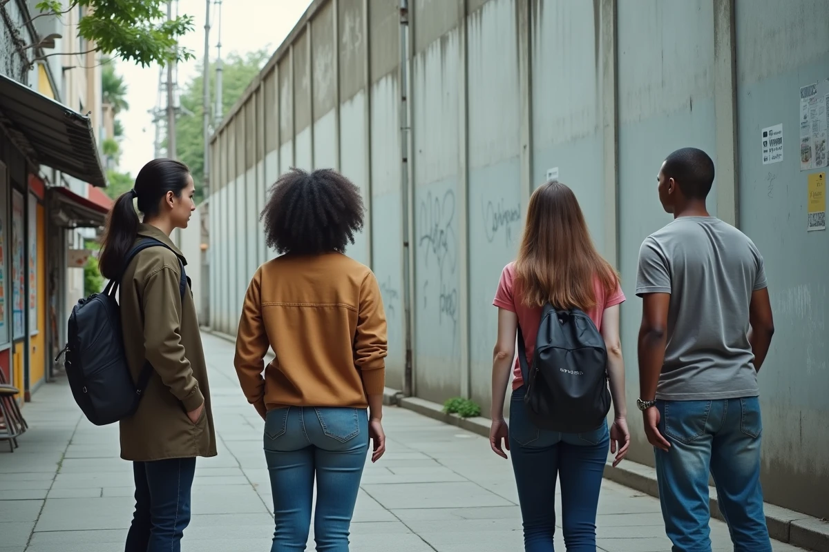 Groupe de personnes de part et d'autre d'un mur de séparation dans un quartier urbain, illustrant la division sociale causée par les communautés fermées