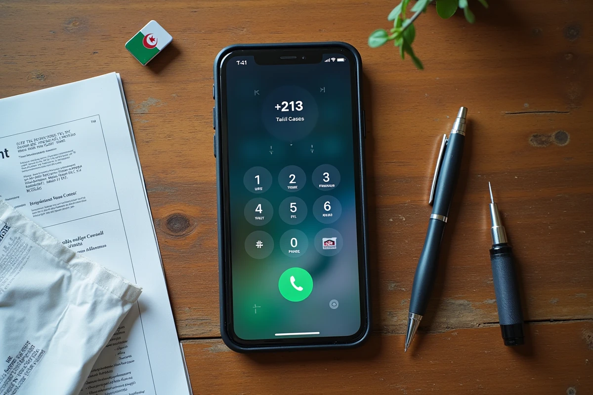Vue du dessus d'un smartphone affichant l'indicatif +213 pour l'Algérie entouré d'un guide des codes téléphoniques internationaux