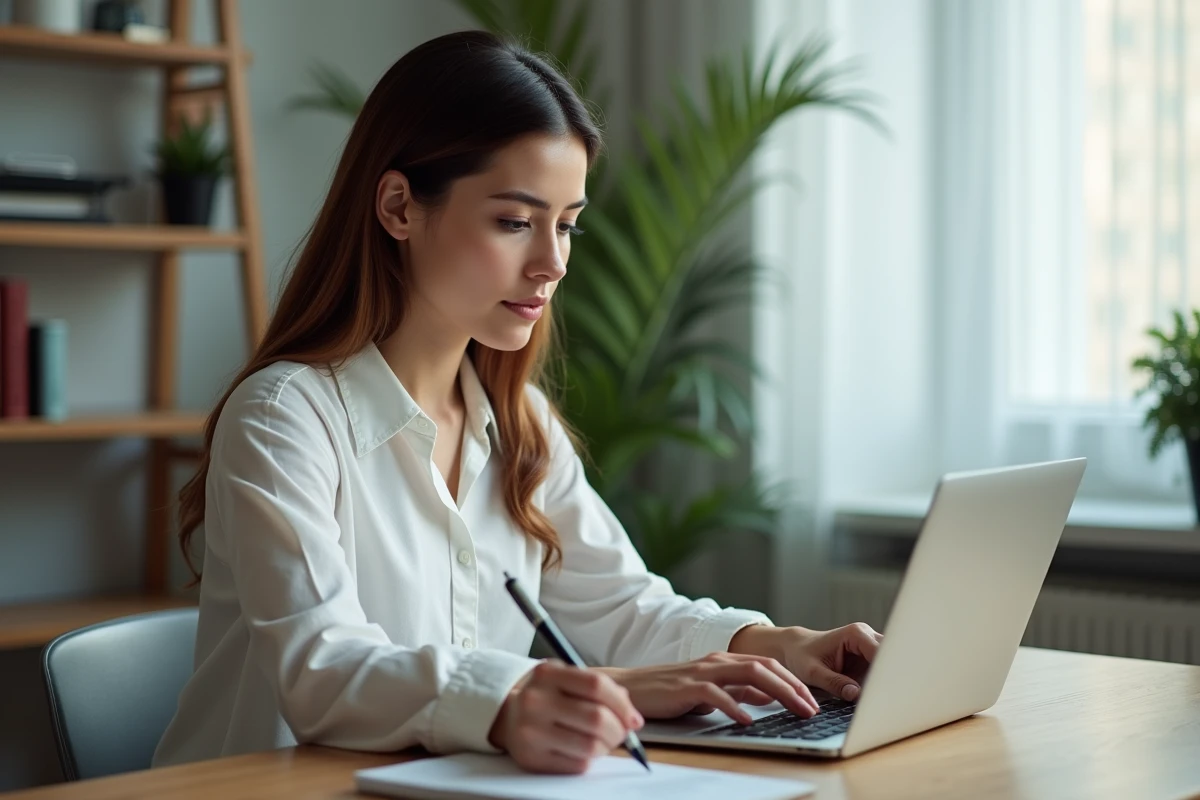 Femme consultant les indicatifs téléphoniques internationaux pour appeler l'Algérie depuis son bureau à domicile