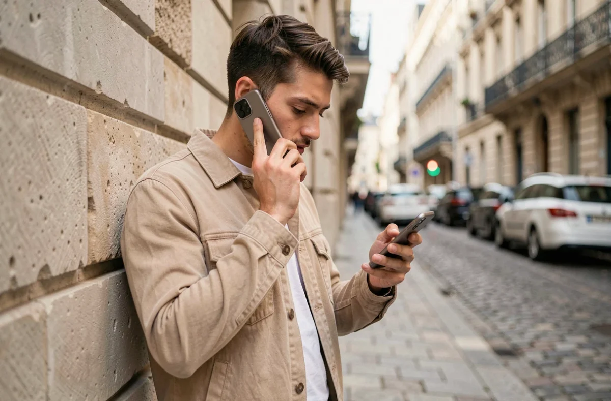 Jeune homme consultant son smartphone dans une rue française pour composer le code d'appel vers la Belgique