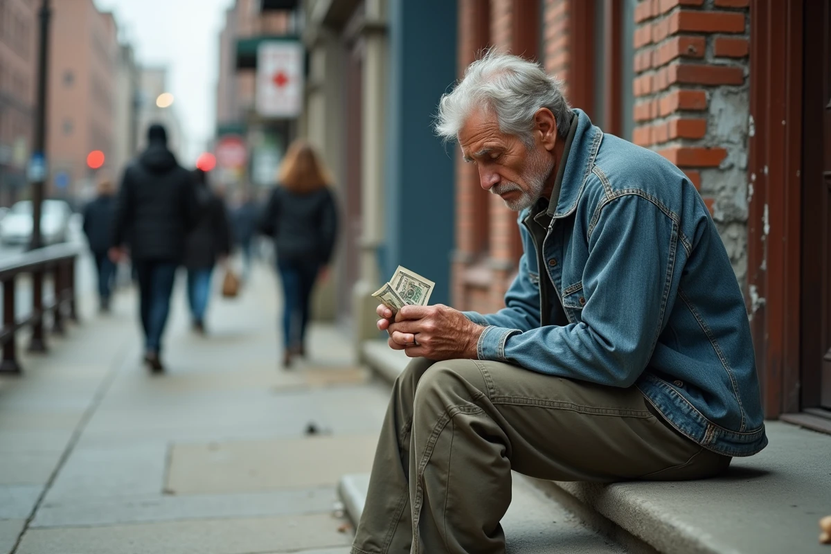 Homme ouvrier tenant un billet froissé devant un immeuble délabré, illustrant les inégalités économiques urbaines