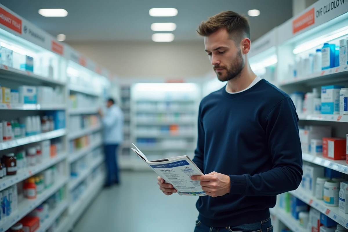 Homme lisant des brochures d'information sur la prévention des infections sexuellement transmissibles en pharmacie
