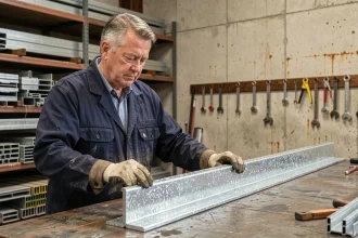 Ingénieur en atelier industriel inspectant un profilé en acier cornière galvanisé posé sur un établi métallique