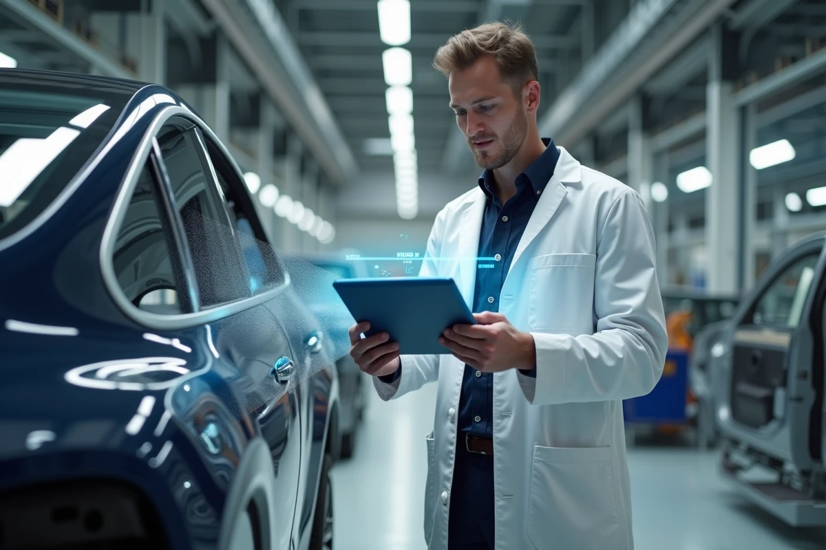 Ingénieur automobile analysant une interface numérique sur tablette dans une usine de fabrication de véhicules électriques moderne