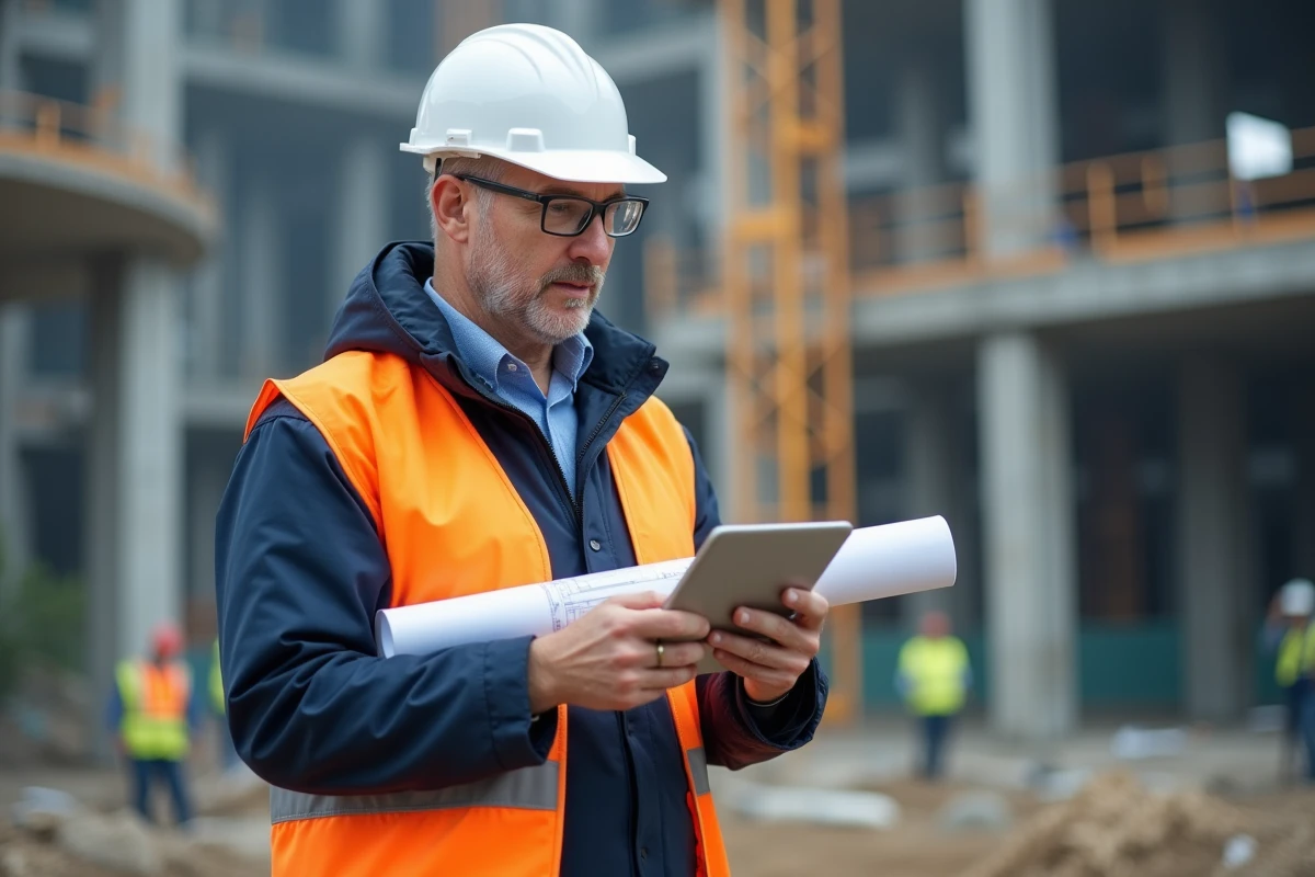 Ingénieur en bâtiment portant un casque blanc et un gilet haute visibilité sur un chantier de construction avec des structures en acier et béton en arrière-plan