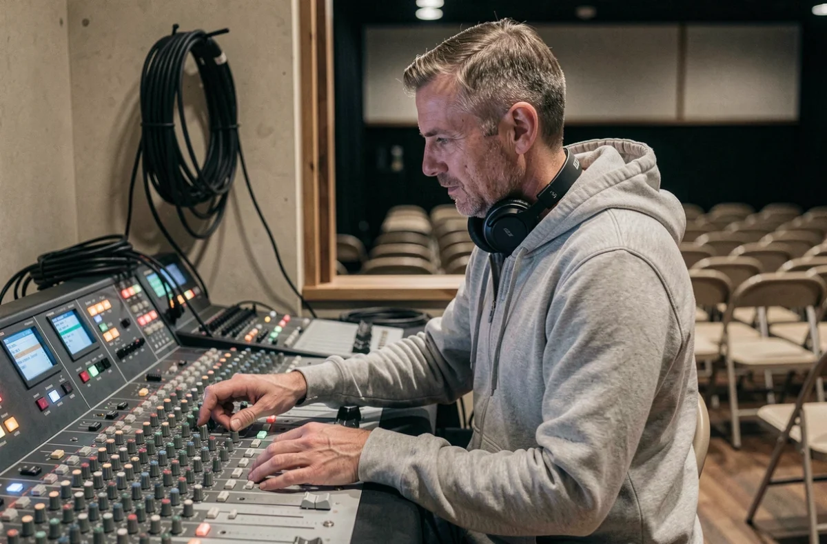 Ingénieur du son en train de régler une console de mixage avant un showcase dans une salle du Val-d'Oise, événement musical dans le 95