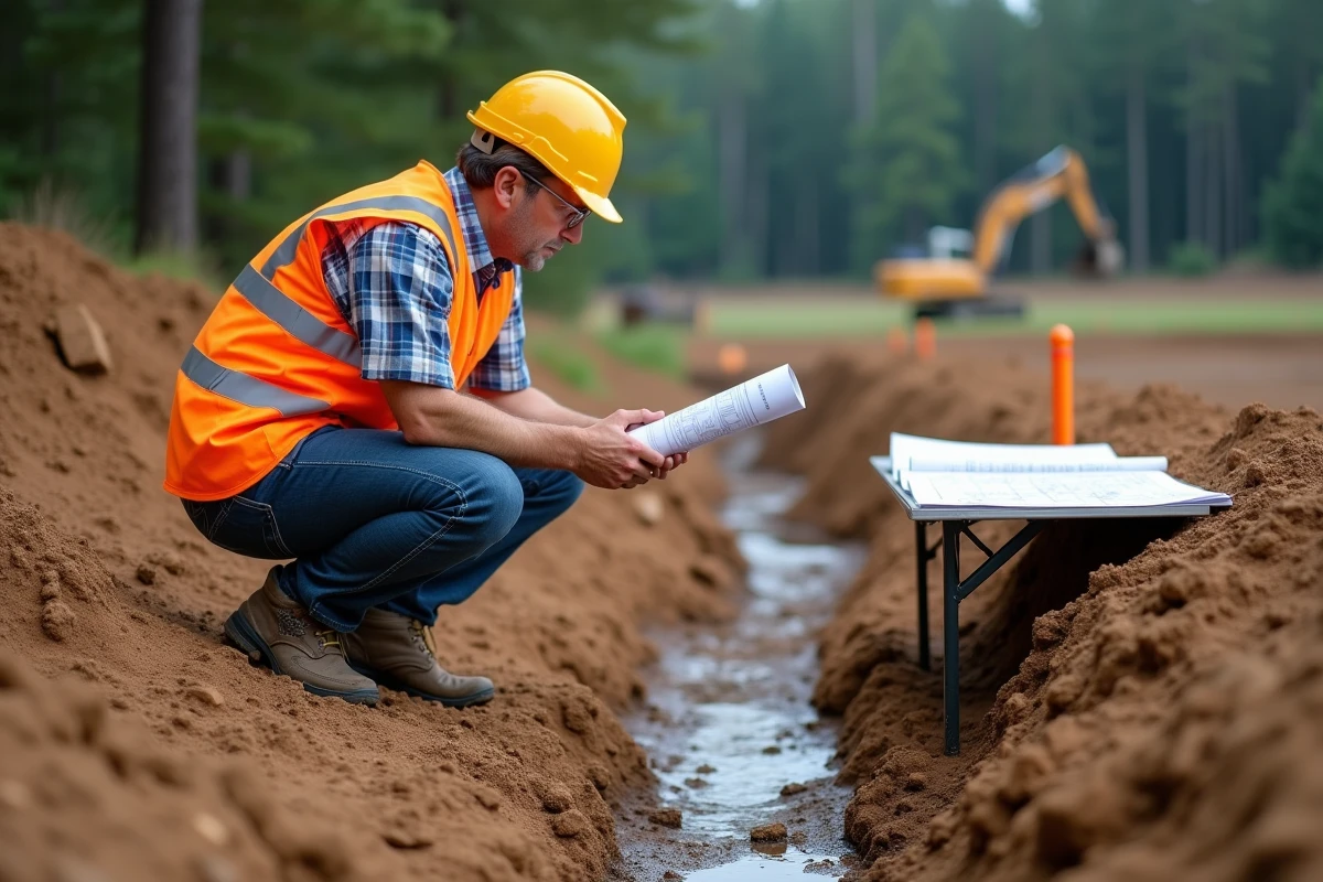 Ingénieur de chantier examinant des plans de viabilisation sur un terrain non aménagé avec tranchée excavée et jalons de bornage